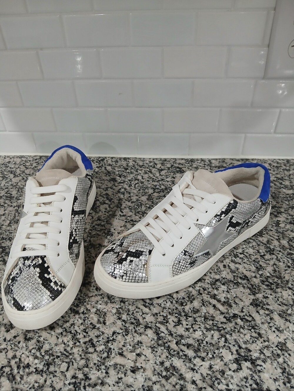 Steve Madden White Snake-Print Sneakers with Blue Heel
